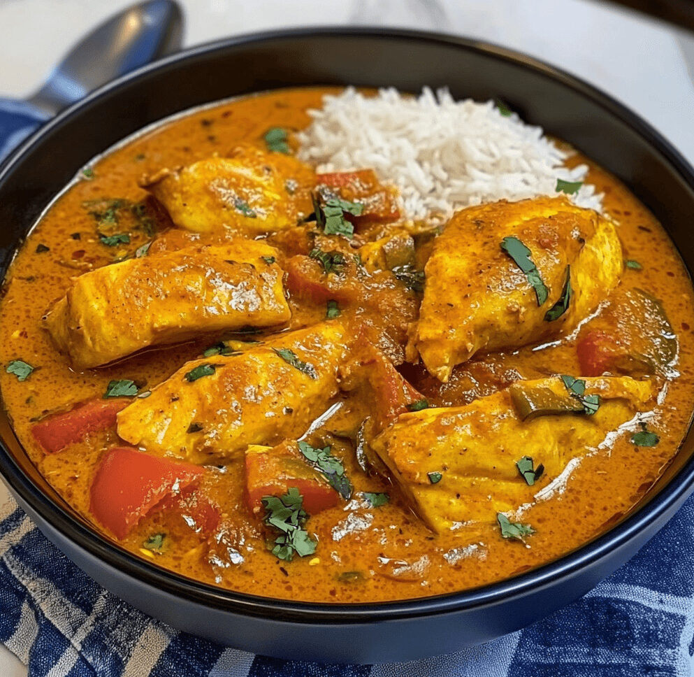 A bowl of fish curry with tender fish pieces in a spicy, aromatic gravy garnished with fresh herbs, served with rice.