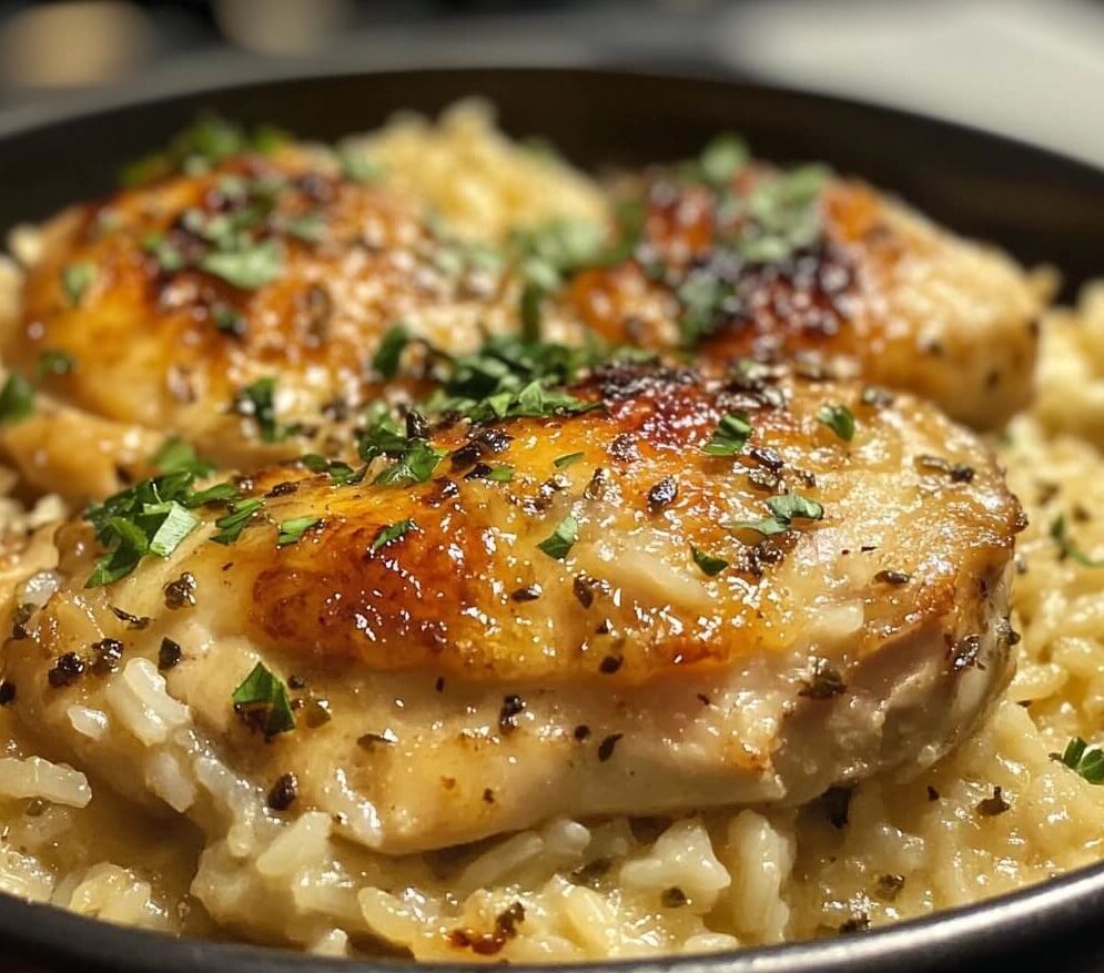 A plate of smothered chicken served with a rich brown gravy over a bed of fluffy white rice, garnished with fresh herbs.