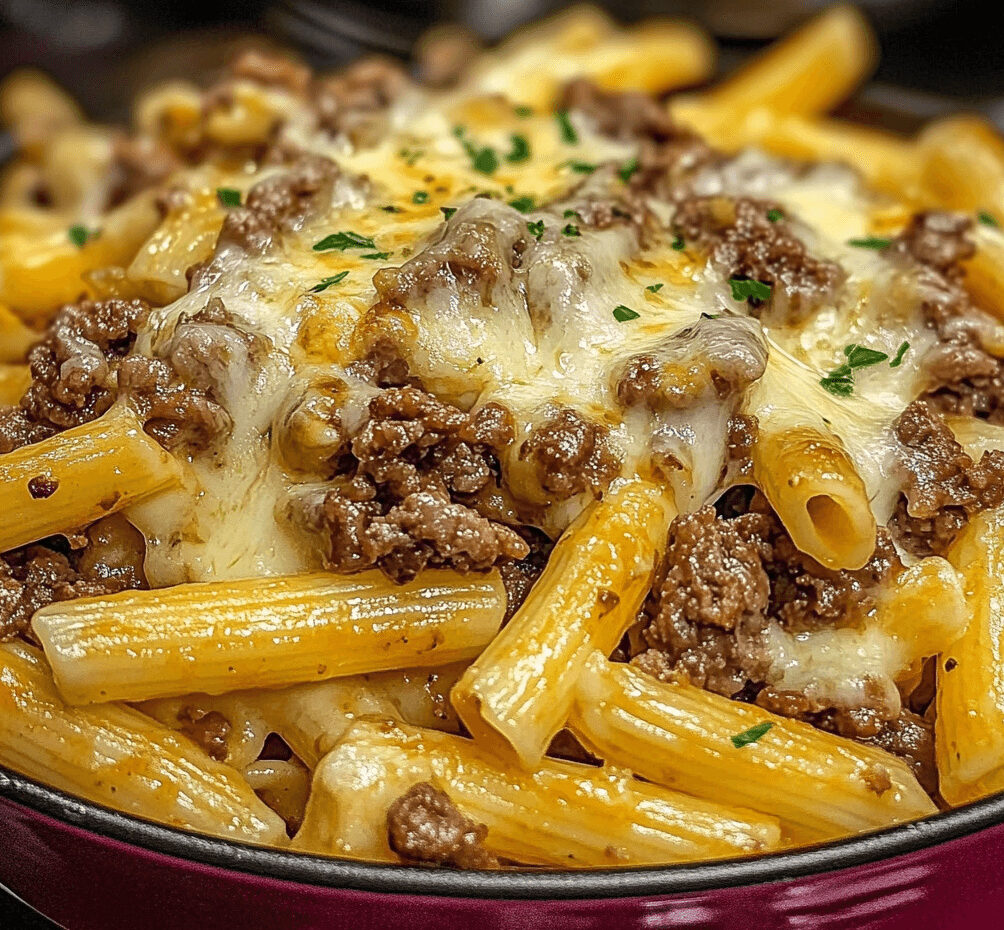 A plate of Philly cheesesteak pasta featuring sliced steak, sautéed peppers, onions, and a creamy cheese sauce, all tossed with pasta.