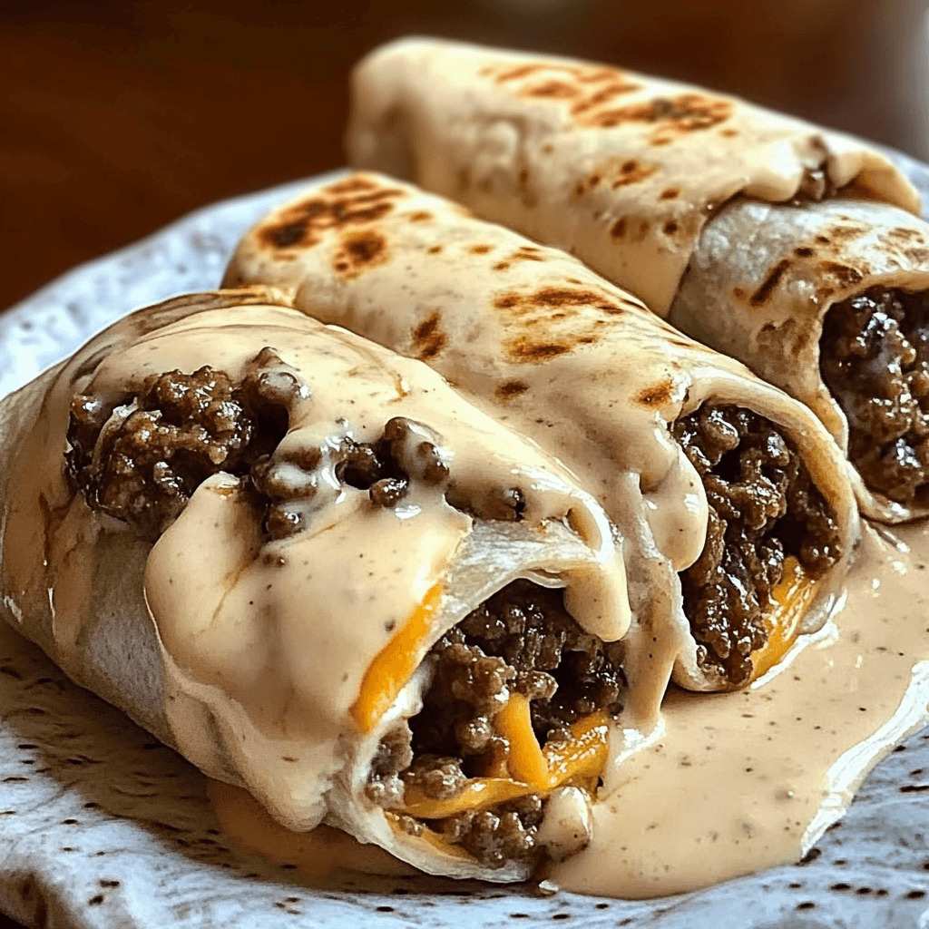 A cheesy ground beef wrap filled with seasoned beef, melted cheese, fresh veggies, and drizzled with a creamy sauce, ready to enjoy.