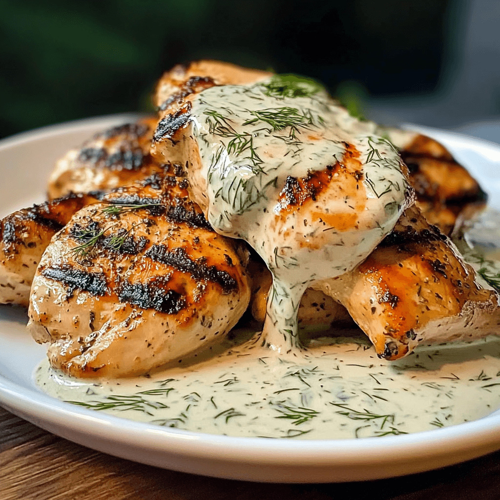 Grilled chicken breast served with a creamy dill sauce, garnished with fresh herbs and a side of vegetables.