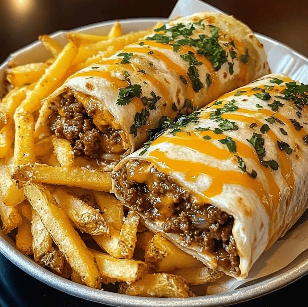 Close-up of cheesy beef burritos stuffed with seasoned ground beef and melted cheese, served with a side of crispy golden fries and garnished with fresh parsley.