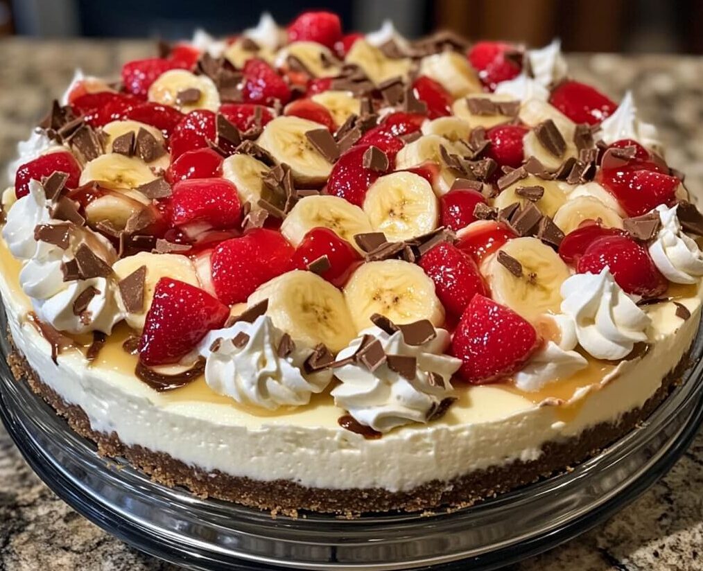 A luscious slice of Heavenly No-Bake Banana Split Cheesecake topped with whipped cream, chocolate drizzle, and fresh cherries, displayed on a white plate.