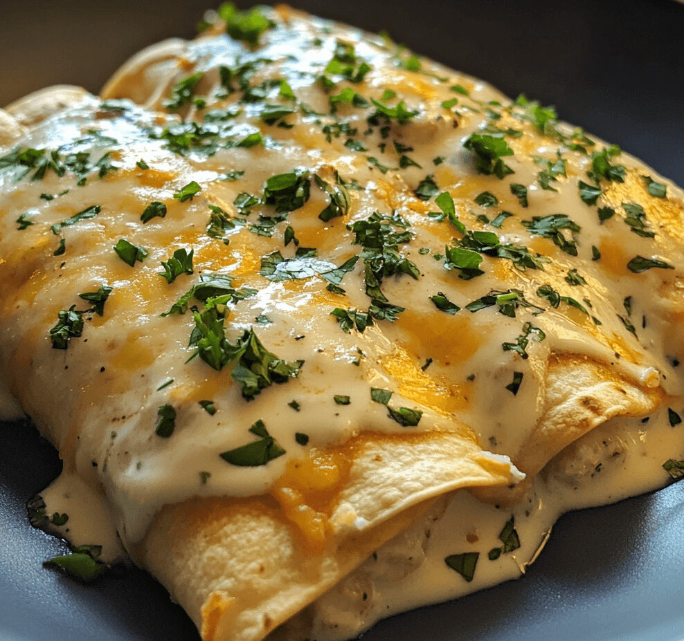 A baking dish of golden-brown chicken enchiladas topped with melted cheese, drizzled with sour cream white sauce, and garnished with fresh cilantro.