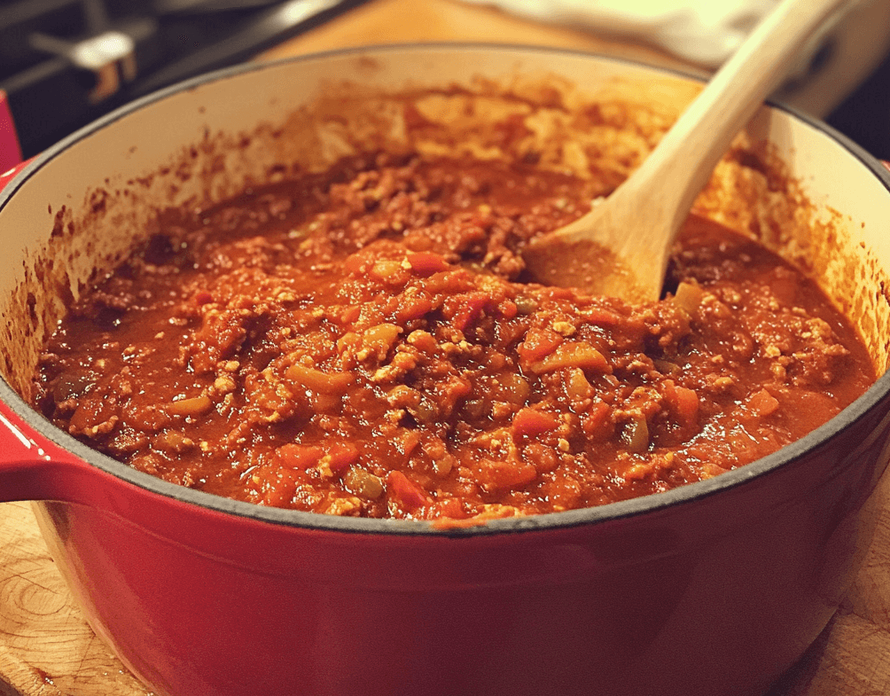 A large pot of chili simmering with ground beef, beans, and tomatoes, topped with shredded cheese and fresh cilantro, with a ladle ready to serve.