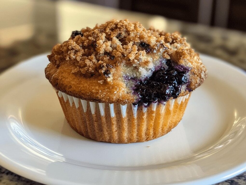 A plate featuring a golden blueberry muffin alongside perfectly browned sausage links, garnished with fresh blueberries.