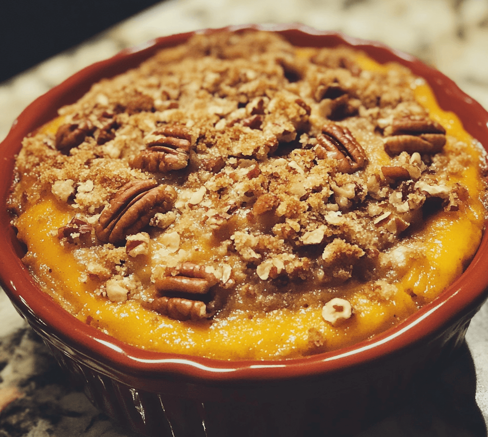 A warm serving of pumpkin pecan cobbler, topped with a golden-brown pecan streusel and a scoop of vanilla ice cream, served in a rustic dish.