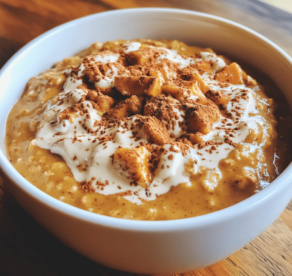 A jar of pumpkin pie overnight oats, topped with a sprinkle of cinnamon and a few pecans, served with a spoon.