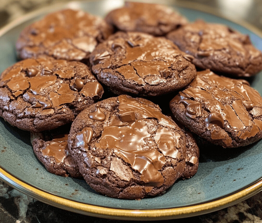 A plate of Earthquake Brownie Cookies, featuring cracks of chocolate and a glossy, fudgy texture, dusted with powdered sugar.