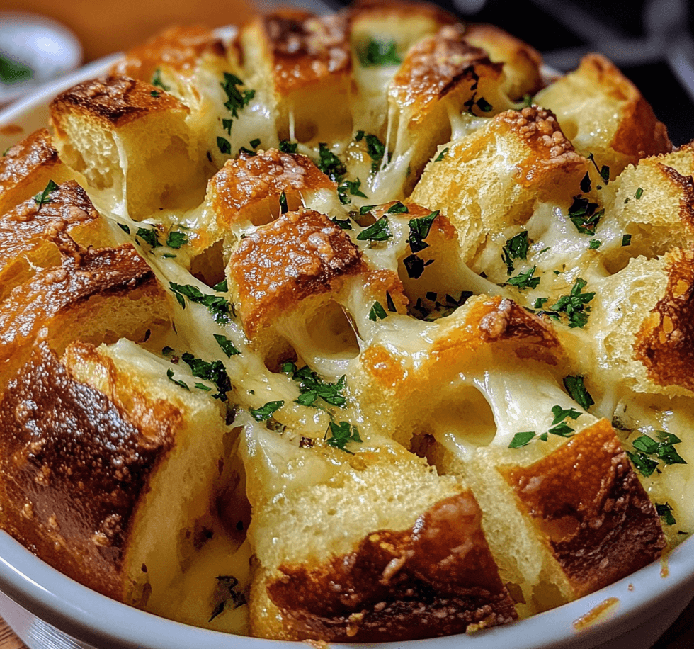 A loaf of cheesy garlic pull-apart bread with golden, melted cheese oozing between the soft pieces, garnished with fresh parsley.