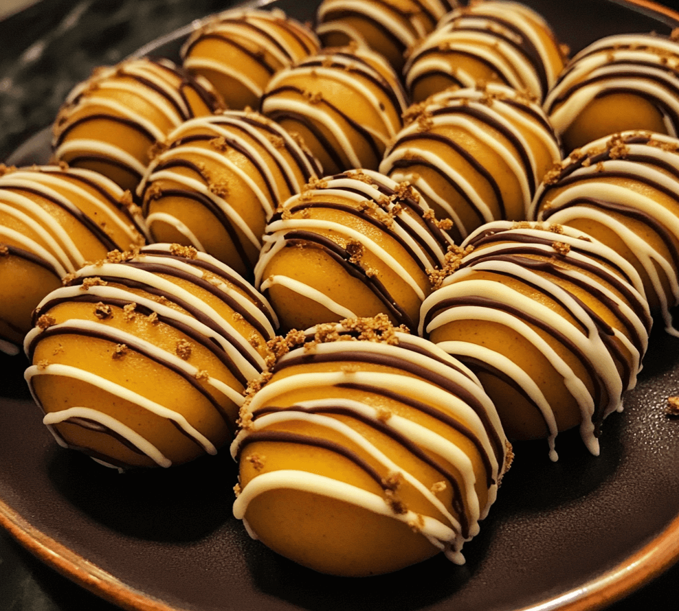 A plate of no-bake pumpkin cheesecake balls, coated in crushed graham crackers and drizzled with white chocolate, arranged on a festive autumn-themed platter.