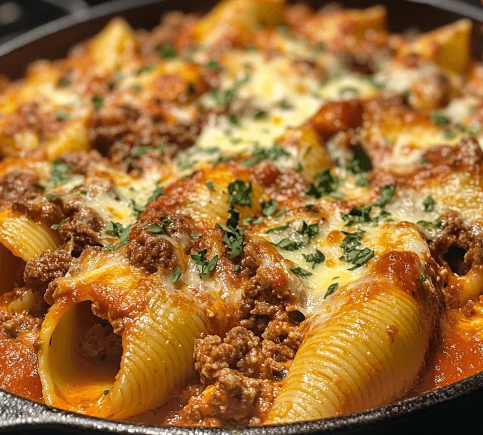 A plate of creamy ricotta beef stuffed shells, covered in marinara sauce and melted cheese, garnished with fresh basil.