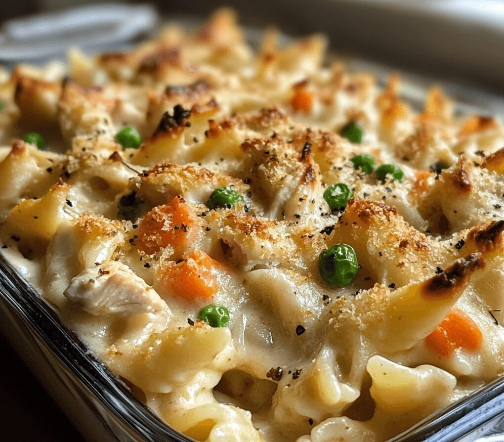 A hearty bowl of Chicken Pot Pie Pasta with tender chicken, colorful vegetables, and creamy sauce, garnished with fresh parsley.