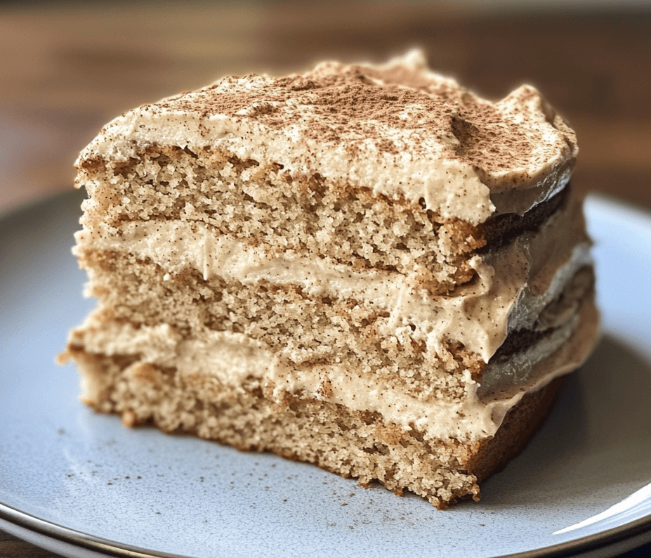 A slice of applesauce cake topped with cinnamon cream cheese frosting, dusted with a hint of cinnamon and served on a rustic plate.