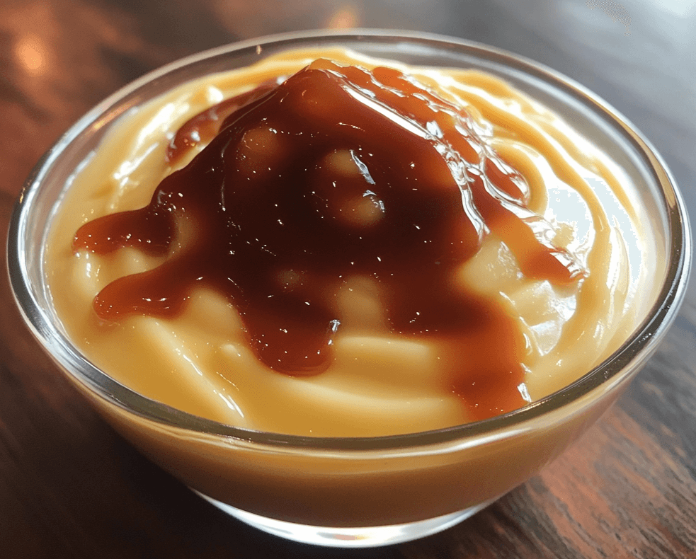 A glass bowl of smooth vanilla pudding topped with a glossy layer of caramel sauce, garnished with a sprig of mint.