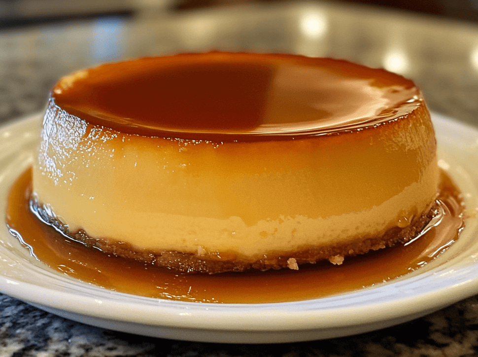 A creamy caramel flan topped with a glossy layer of golden caramel sauce, served on a delicate dessert plate with a spoon.