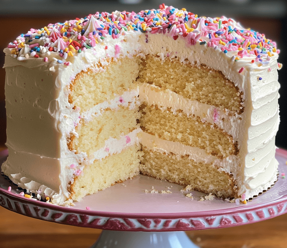 A soft and fluffy cake with a delicate texture, topped with a light dusting of powdered sugar and surrounded by colorful sprinkles.