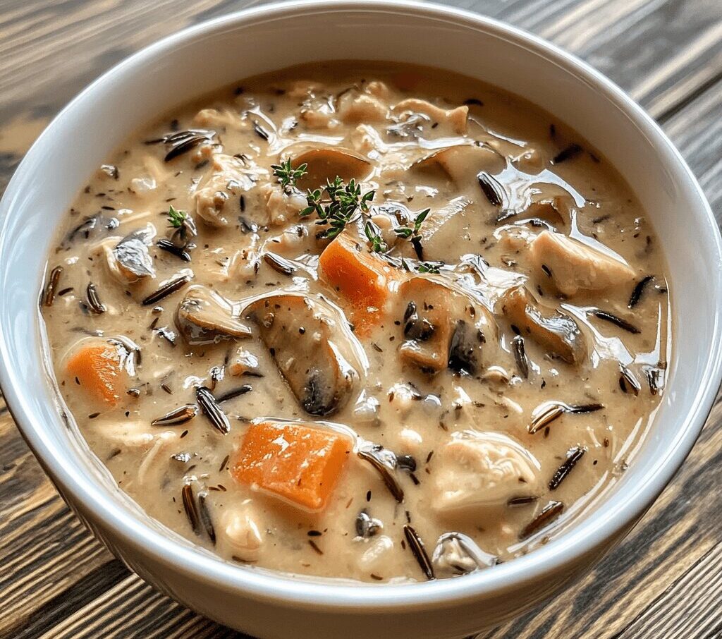 A bowl of creamy mushroom chicken and wild rice soup, garnished with fresh parsley, served with a side of crusty bread.