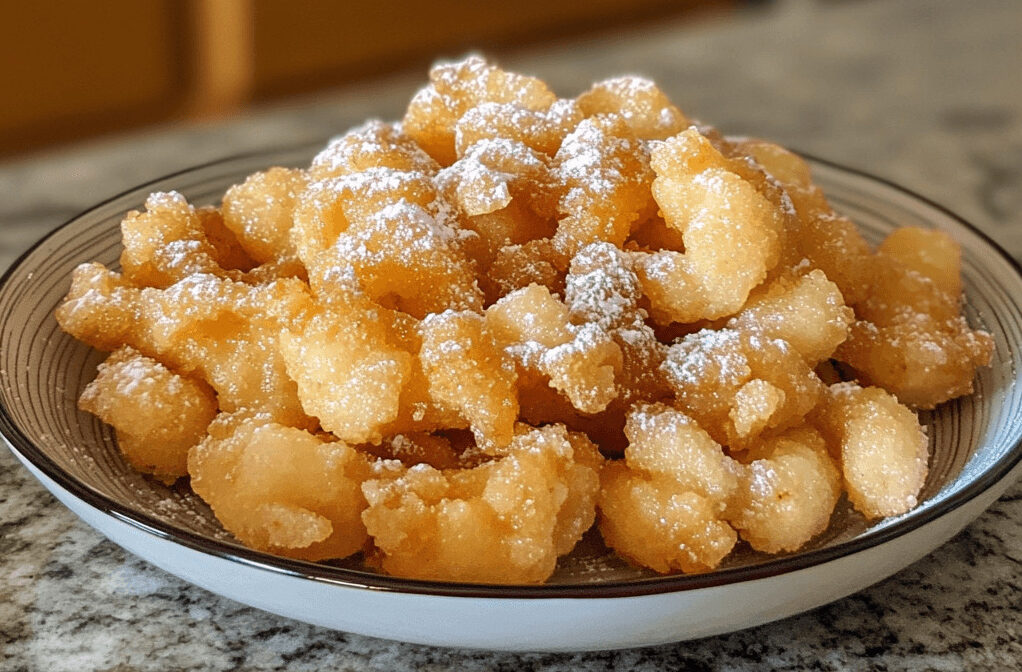 A plate of crispy Funnel Cake Bites dusted with powdered sugar, served with a side of chocolate and strawberry dipping sauces.