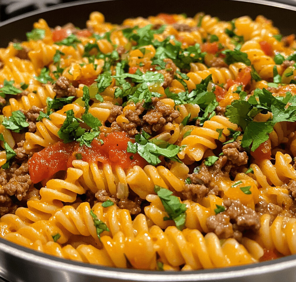 A hearty casserole dish of Overnight Taco Pasta, layered with melted cheese, seasoned ground beef, and topped with fresh cilantro.