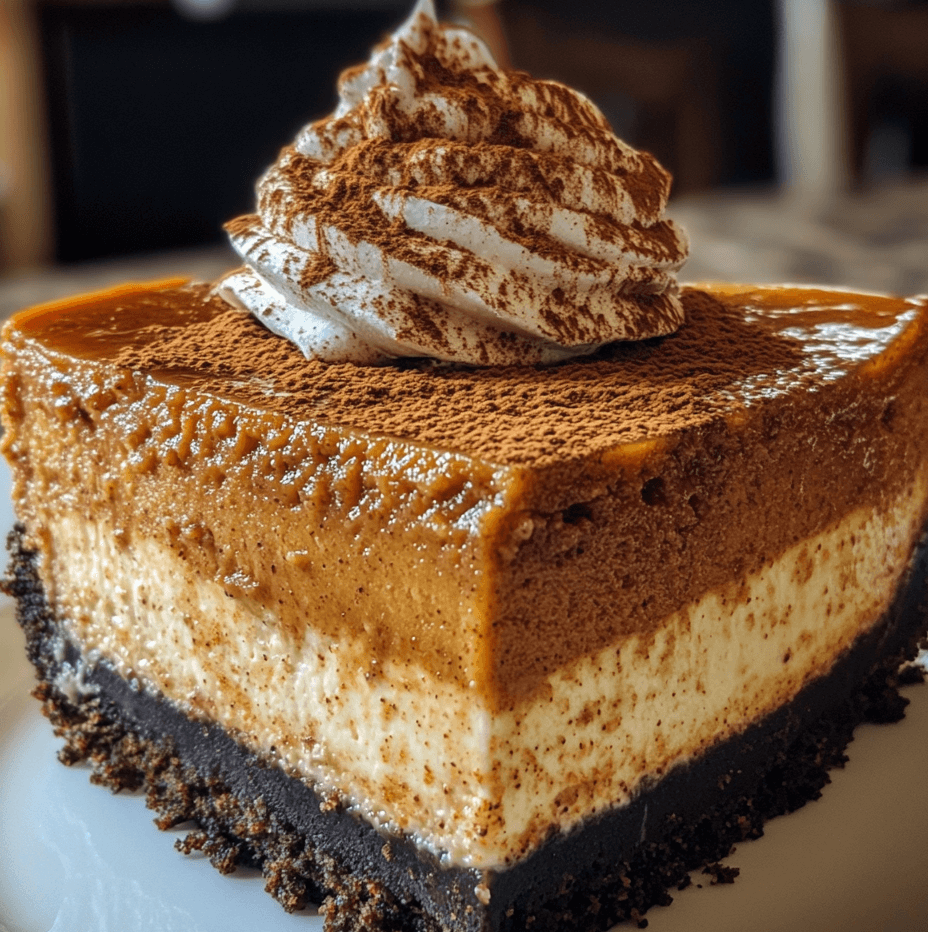 A slice of pumpkin spice cheesecake with a graham cracker crust, topped with whipped cream and a dusting of cinnamon, served on a white plate.