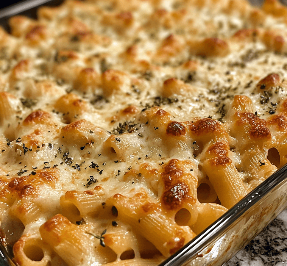 A cheesy baked ziti dish, topped with melted mozzarella cheese and served with fresh basil, on a white plate.