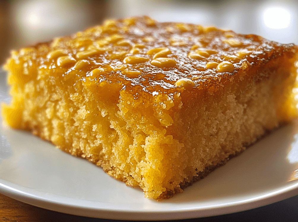 A slice of golden, fluffy corn cake with a slight crumb, served on a plate with a drizzle of honey.