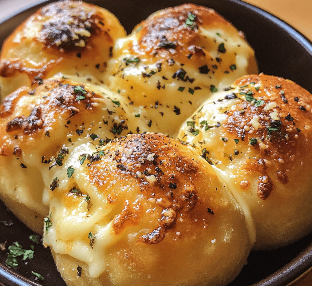 Golden-brown Garlic Butter Cheese Bombs topped with fresh parsley, oozing melted cheese on a wooden serving board.