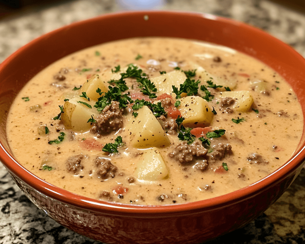 A bowl of Crockpot Creamy Potato & Hamburger Soup, filled with tender potatoes, ground beef, and a creamy broth, garnished with fresh herbs.