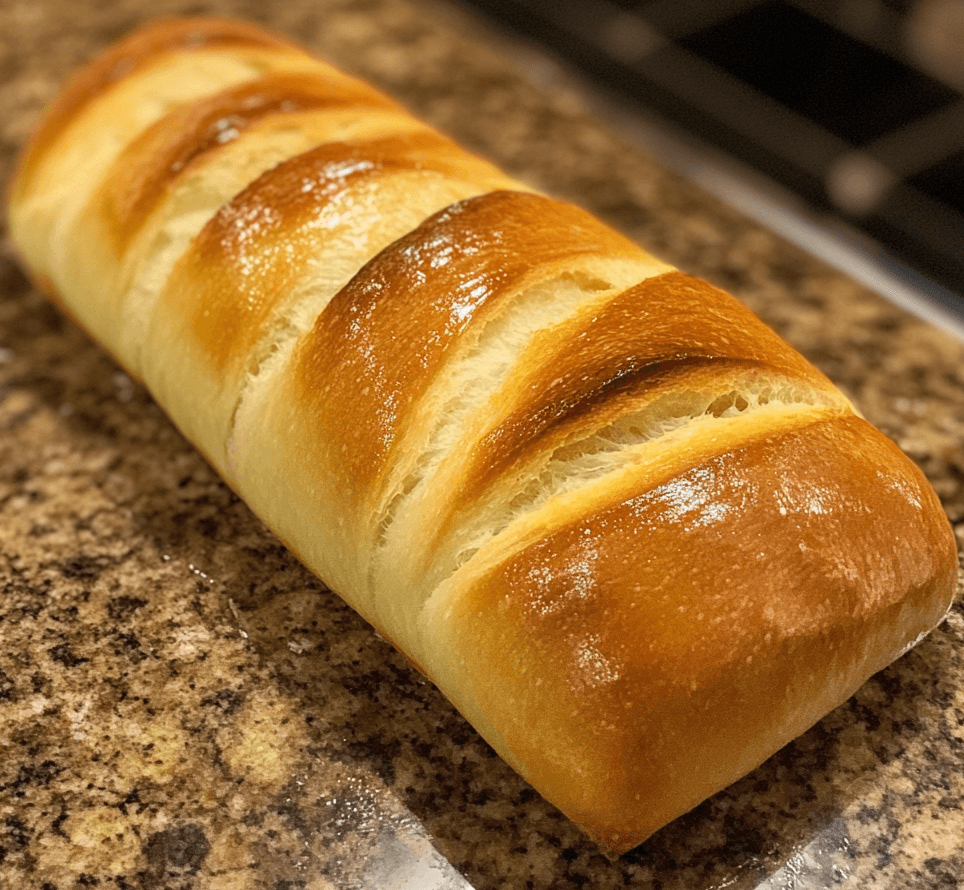 A loaf of homemade French bread with a golden crust, sliced to reveal its soft interior, placed on a wooden cutting board with a bread knife.