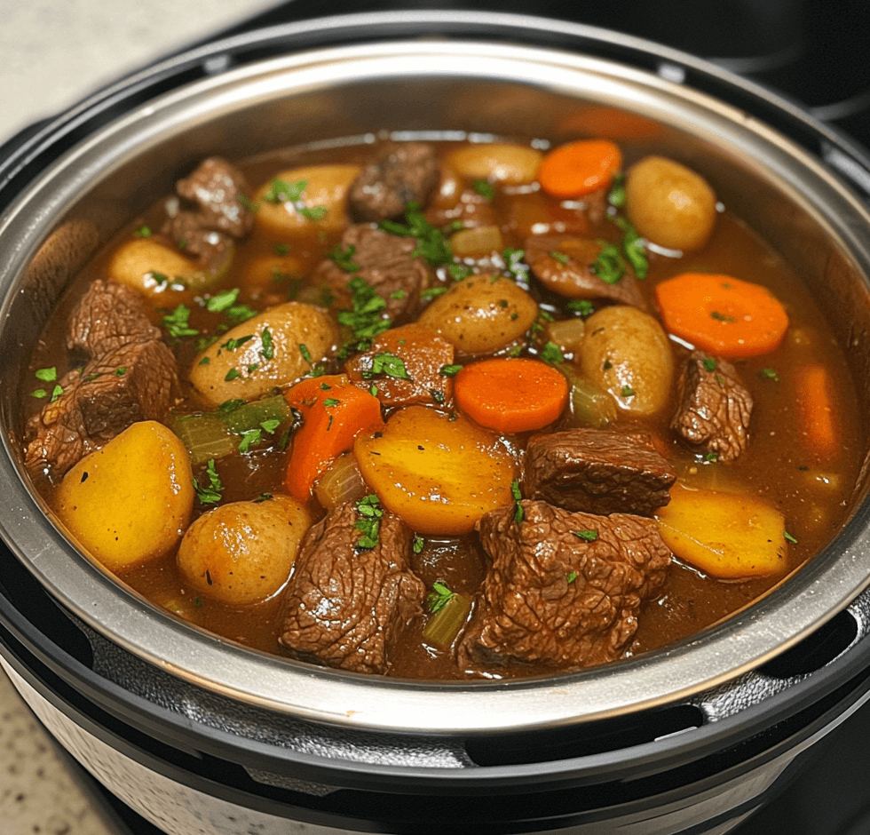 A steaming bowl of beef stew made in a pressure cooker, filled with tender beef chunks, carrots, potatoes, and celery, all bathed in a rich, savory broth.