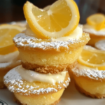 A tray of mouthwatering lemon bar cookie cups, featuring a golden cookie crust topped with a smooth, tangy lemon filling and dusted with powdered sugar.