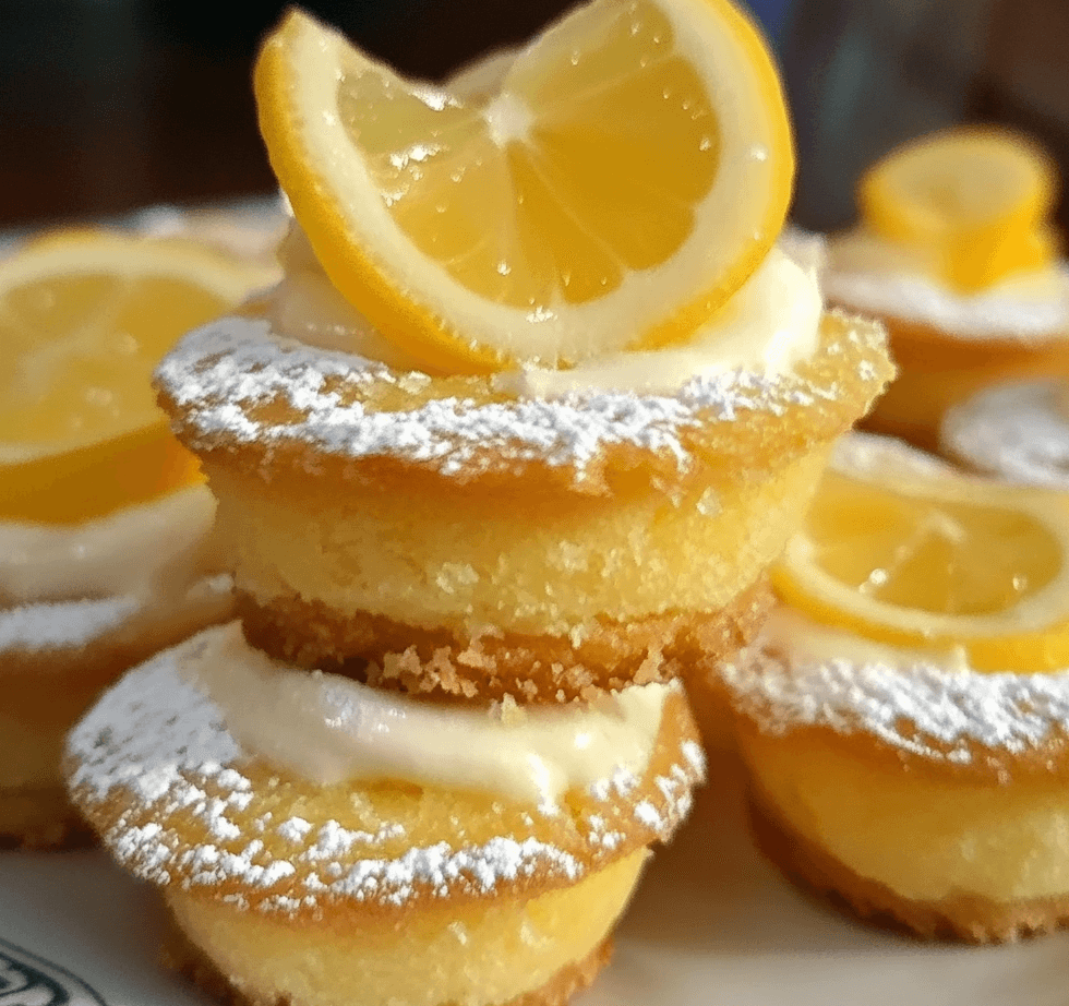 A tray of mouthwatering lemon bar cookie cups, featuring a golden cookie crust topped with a smooth, tangy lemon filling and dusted with powdered sugar.