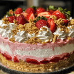 A luscious strawberry crunch cheesecake with a golden crumble topping, vibrant strawberry glaze, and a creamy cheesecake layer on a graham cracker crust.