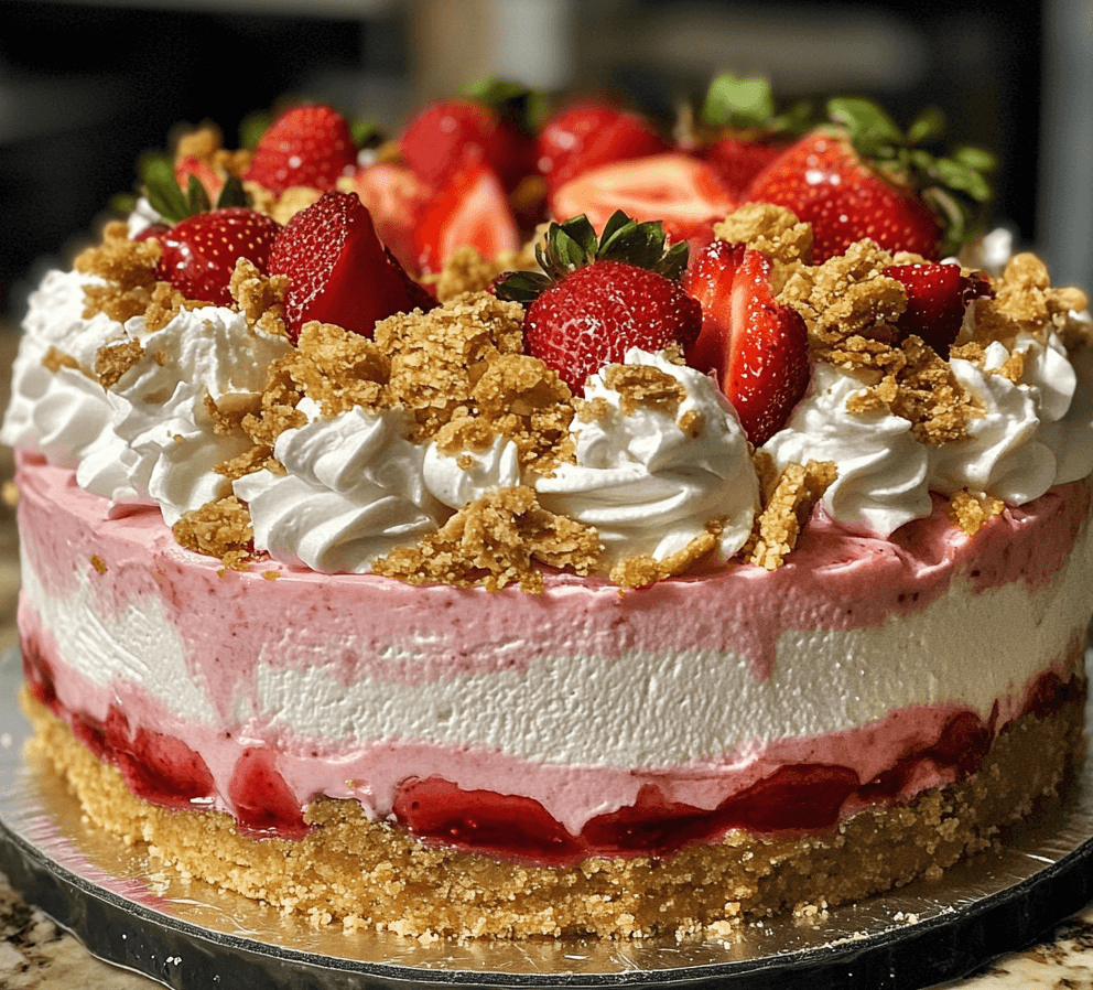 A luscious strawberry crunch cheesecake with a golden crumble topping, vibrant strawberry glaze, and a creamy cheesecake layer on a graham cracker crust.