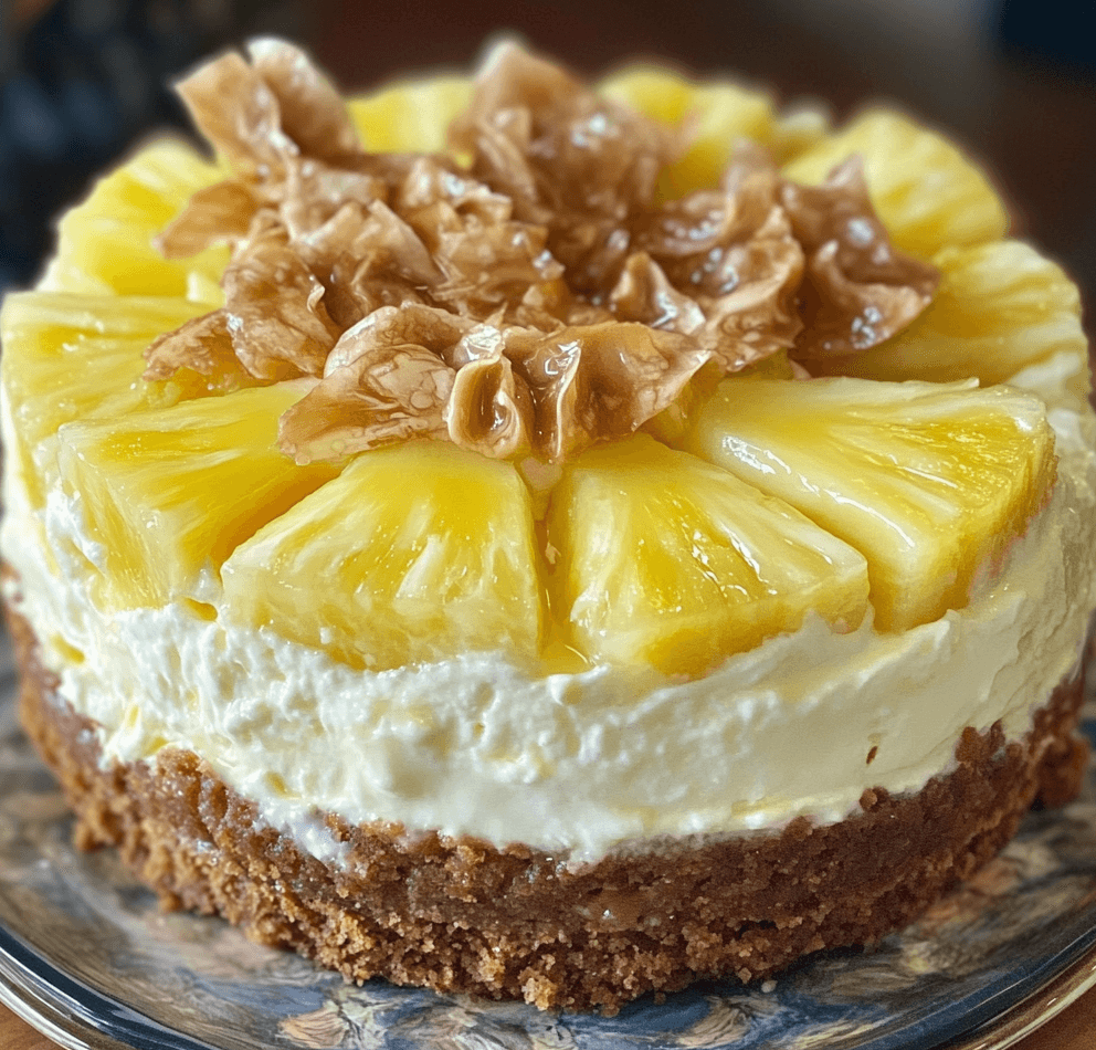 A slice of pineapple heaven cheesecake with a golden graham cracker crust, topped with sweet pineapple glaze and a dollop of whipped cream.