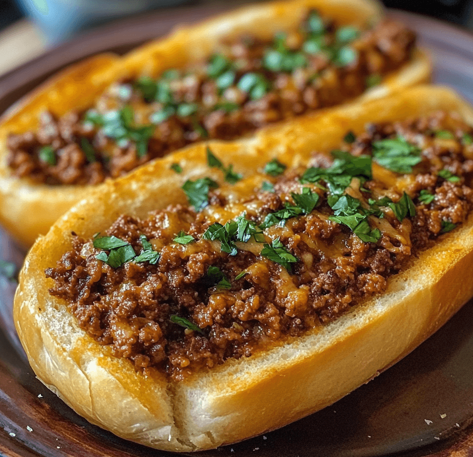 A plate of Italian garlic bread sloppy joes, featuring crispy garlic bread topped with flavorful beef sauce and melted mozzarella cheese.