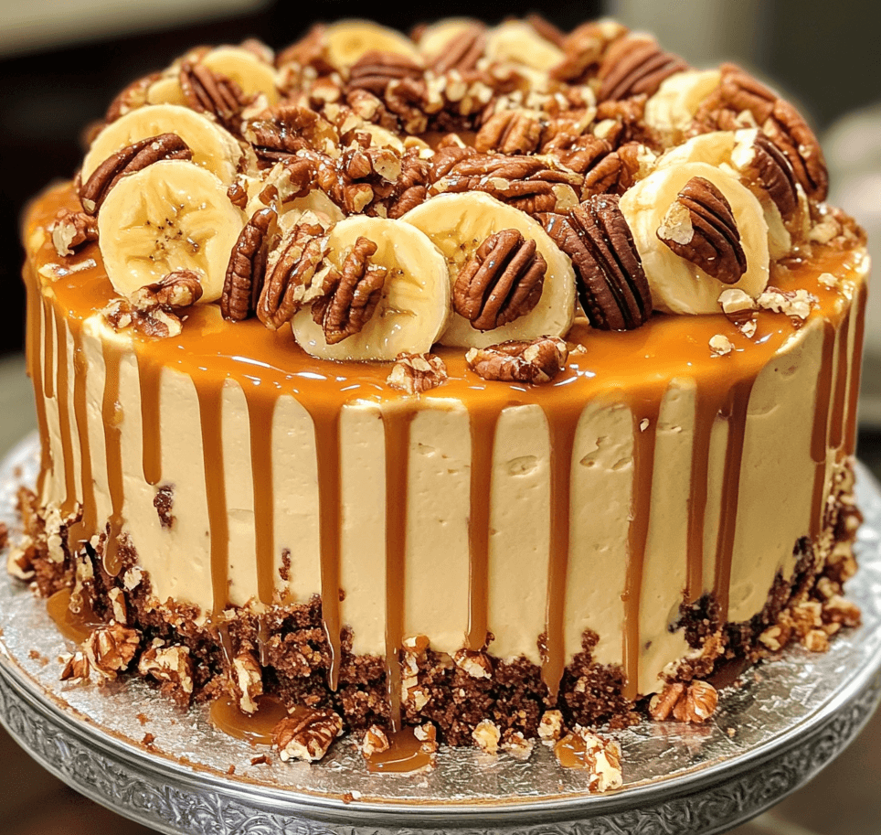 A stunning banana pecan caramel layer cake, topped with glossy caramel drizzle and a sprinkle of chopped pecans, displayed on a rustic cake stand.