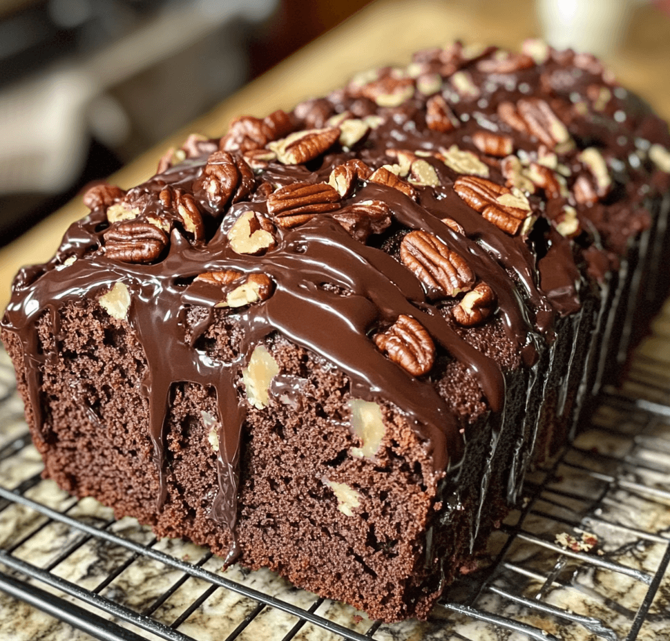 A slice of luscious chocolate pecan loaf, showing the rich, dark chocolate interior with visible pecans, resting on a wooden surface.