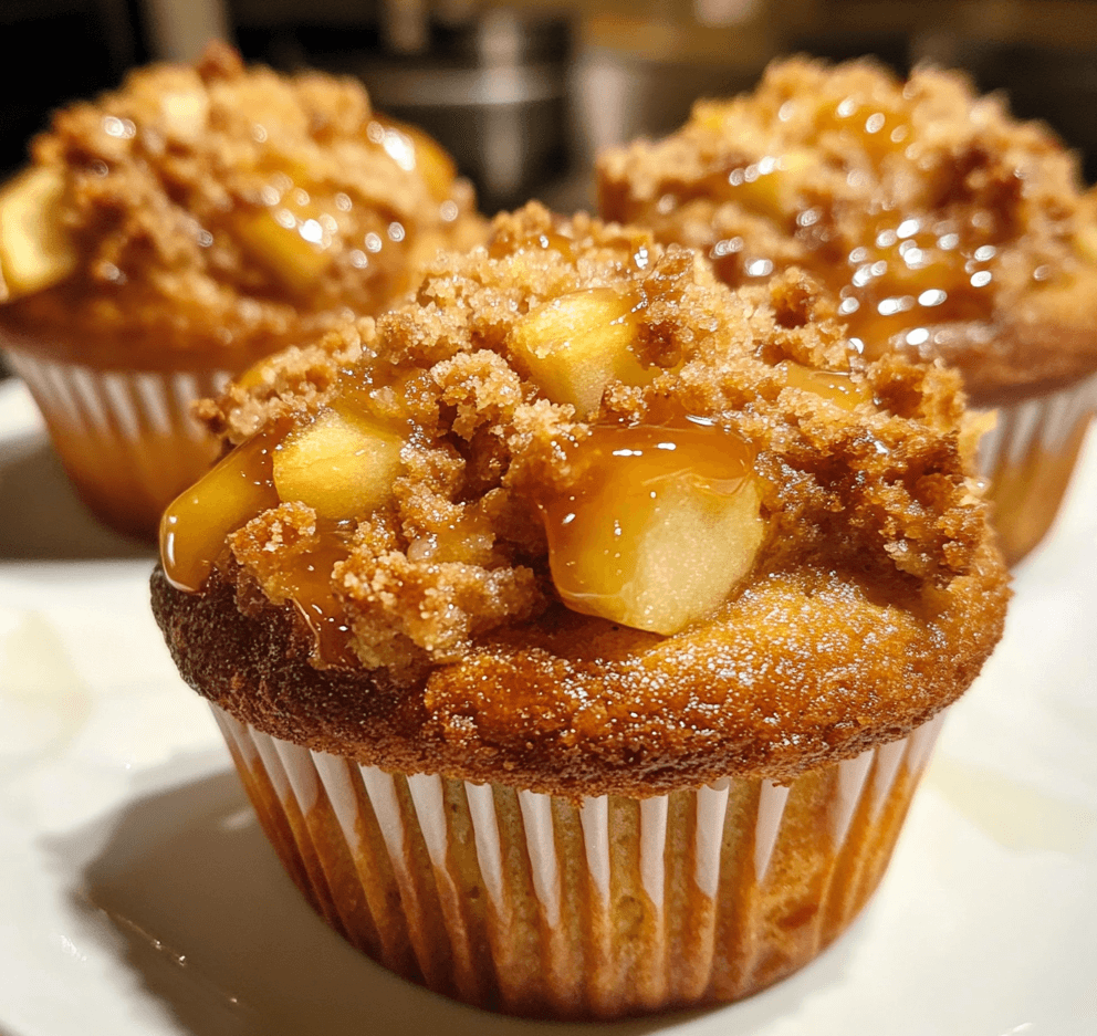 Freshly baked luscious caramel apple muffins, with caramel drizzle and chunks of apple visible inside, arranged on a wooden tray.