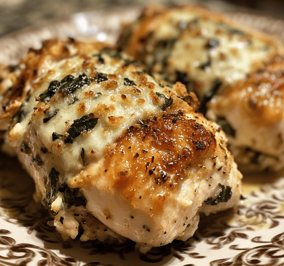 Golden-brown stuffed chicken breasts sliced to reveal a creamy filling of spinach and cheese, served on a white plate with fresh herbs.