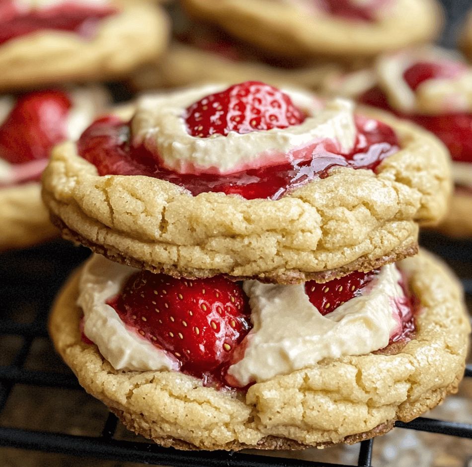 A batch of irresistible strawberry cheesecake cookies with a soft, golden exterior and a creamy cheesecake filling, garnished with fresh strawberry slices.