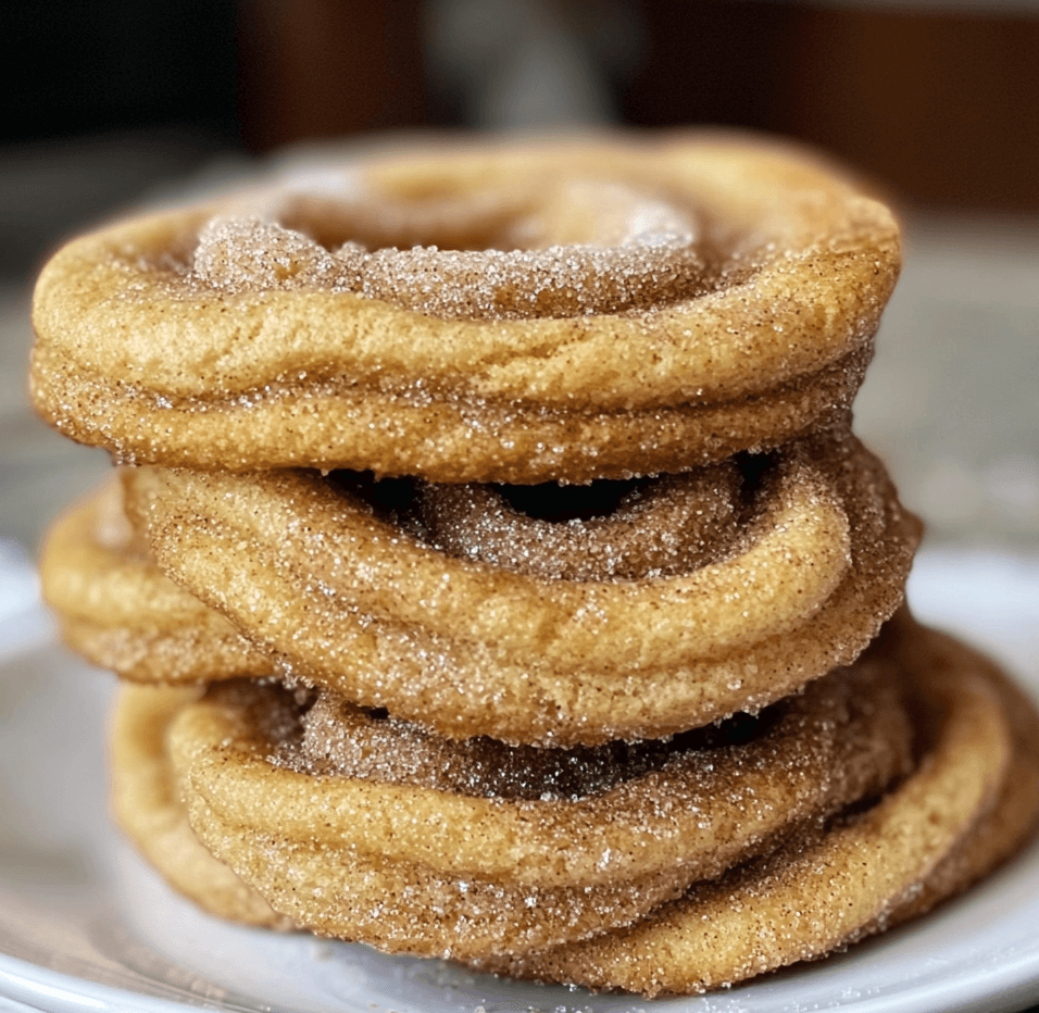 A plate of cinnamon sugar churro cookies, golden-brown and dusted with a generous coating of cinnamon sugar, served on a rustic wooden surface.