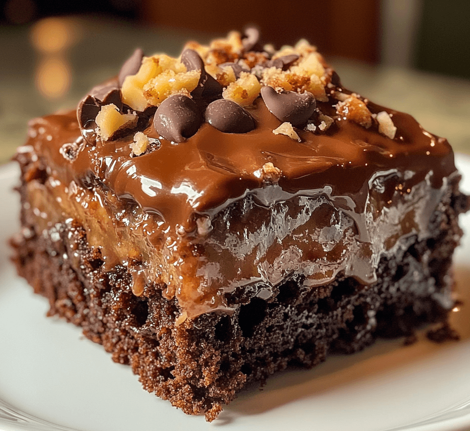 A slice of mouthwatering German chocolate poke cake with a rich, gooey coconut-pecan filling, topped with smooth chocolate frosting and sprinkled with toasted pecans.