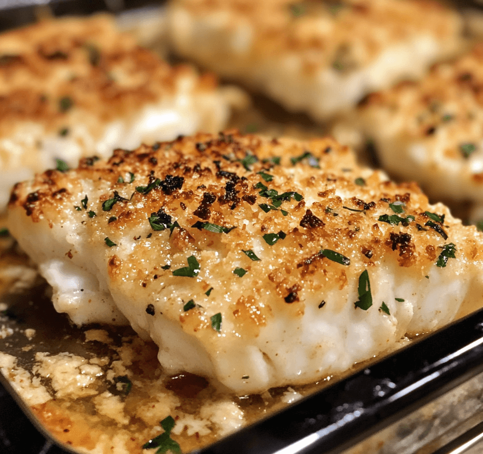 A plate of crispy baked cod fillets with a golden parmesan crust, garnished with fresh herbs, and served with a side of vegetables.