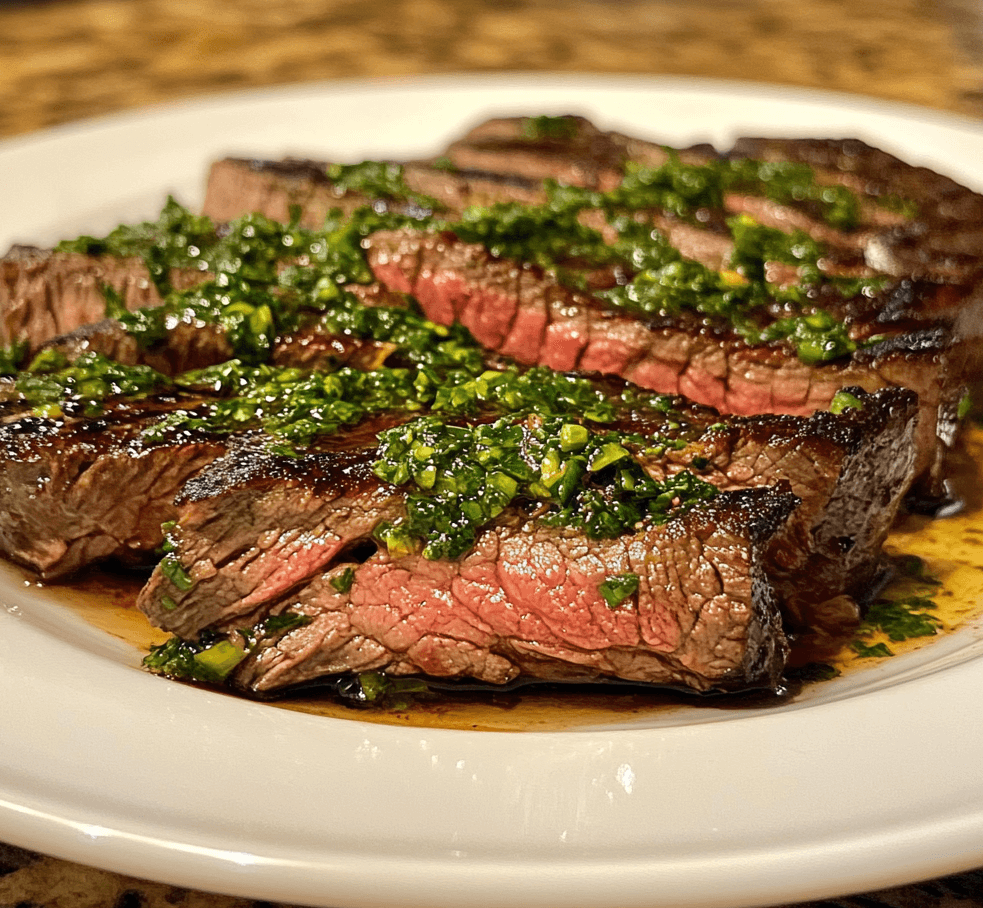 A perfectly grilled steak drizzled with vibrant chimichurri sauce, served with a side of fresh vegetables and garnished with cilantro.