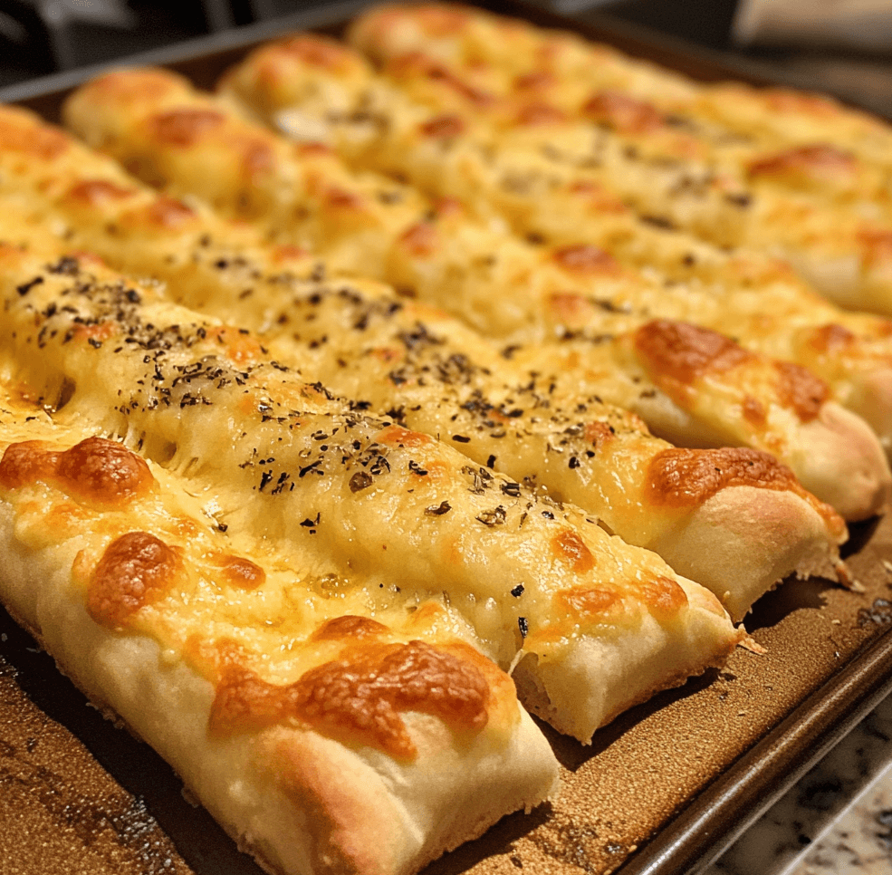 A plate of homemade cheesy garlic breadsticks, golden and crispy on the edges, topped with melted cheese and a sprinkle of fresh herbs.