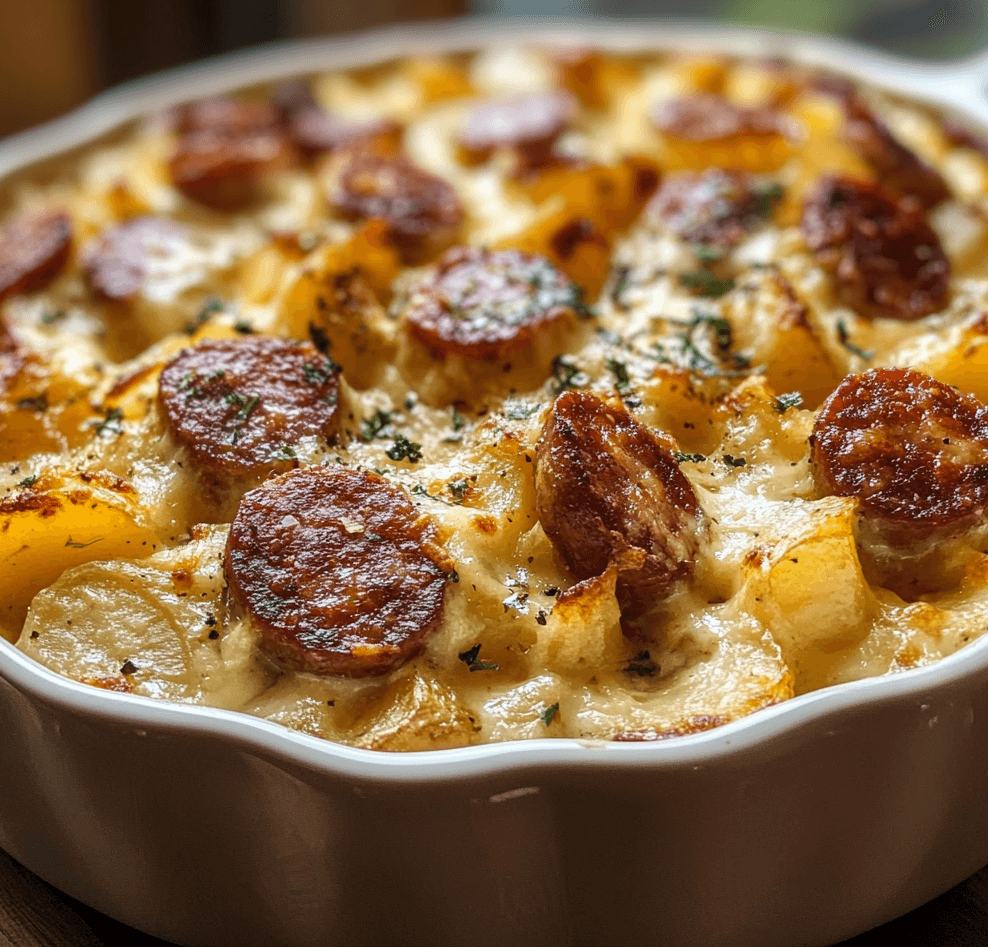 A warm and cheesy casserole with tender potatoes, smoky sausage slices, and melted cheese, served in a baking dish.