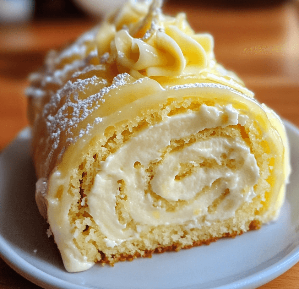 A beautifully sliced velvet lemon cream roll cake, featuring a golden sponge cake wrapped around a smooth lemon cream filling, dusted with powdered sugar and garnished with lemon zest.