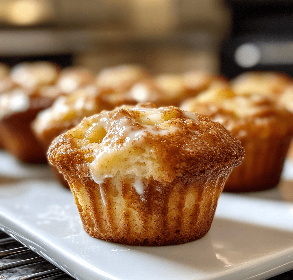 Freshly baked gooey cinnamon cream cheese muffins, with golden tops, cinnamon swirls, and a creamy cheese center oozing out.